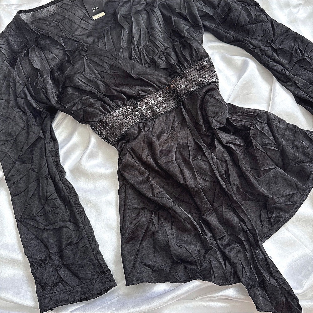 j.t.b. Black Crinkle Sequin Empire Waist V-Neck Long Sleeve Blouse Top Small
